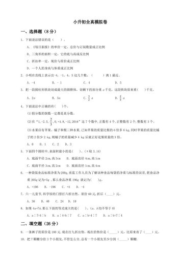 小升初数学全真模拟卷（一）人教版含答案-大设天下