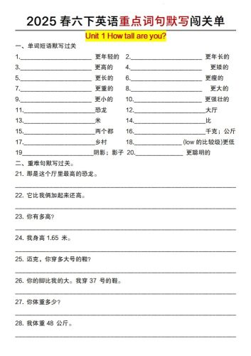 2025春六下英语重点词句默写闯关单【人教pep版】-大设天下