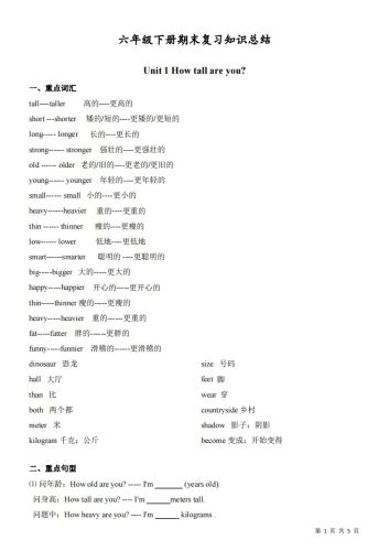 六下人教版PEP英语期末复习知识总结-大设天下