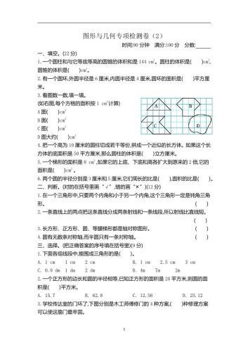六下青岛63版数学期末图形与几何专项检测卷（2）-大设天下