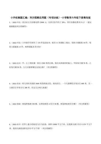 小升初真题汇编：列方程解应用题（专项训练）-小学数学六年级下册青岛63版-大设天下