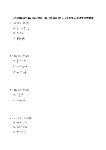 小升初真题汇编：解方程或比例（专项训练）-小学数学六年级下册青岛63版-大设天下