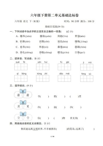六年级语文下册第二单元基础达标卷-大设天下