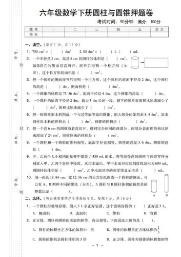 【圆柱与圆锥押题卷】六下数学-大设天下