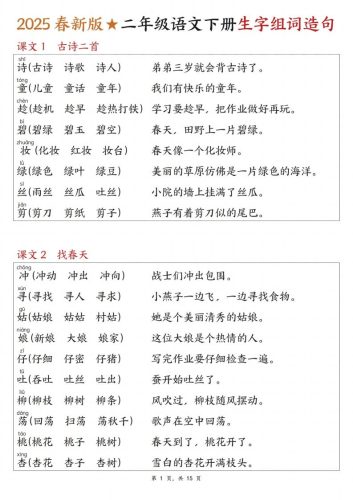 25春二下语文写字表生字组词造句（15页）-大设天下