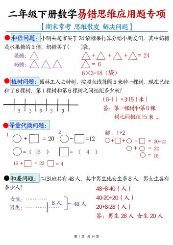 （期末常考30道母题）二年级下册数学易错思维应用题专项（练习题+答案）-大设天下