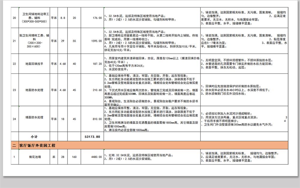 别墅装修预算室内工程施工表报价表自建房家装材料价格工程量清单