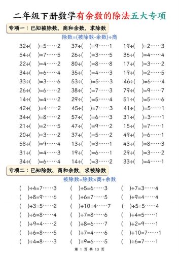 二下册数学有余数的除法五大专项（含答案13页）-大设天下