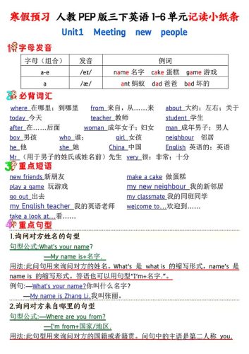 人教PEP版三下英语1-6单元记读小纸条-大设天下