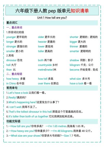 六下英语人教pep版单元知识清单-大设天下