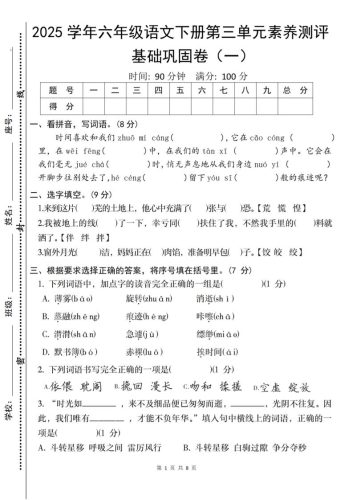 2025六下语文《第三单元综合素养测评基础卷》-大设天下