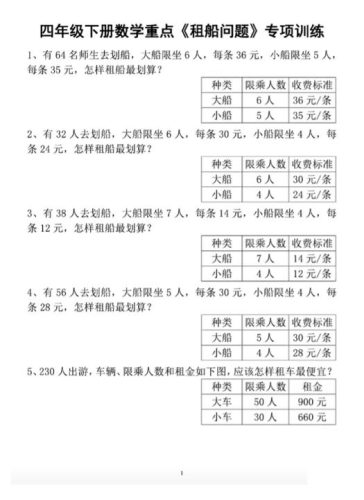 四下数学人教版《租船问题》专项训练-大设天下