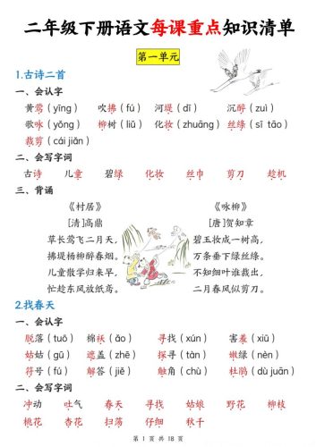 二下语文每课重点知识清单（18页）-大设天下