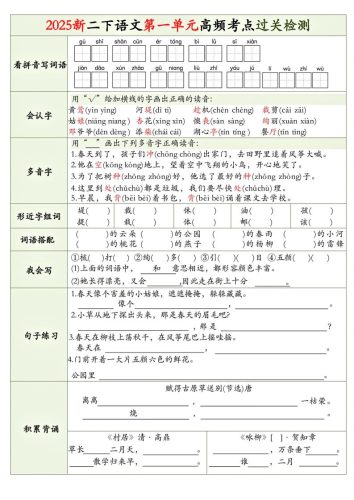 25新二下语文1-8单元高频考点过关检测（8页）-大设天下