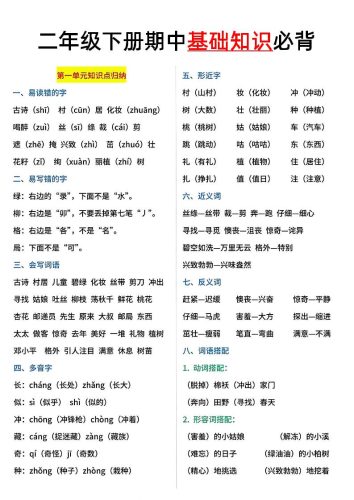 二年级语文下册期中基础知识必背5页-大设天下
