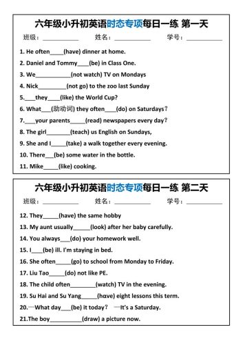 六年级小升初英语时态专项每日一练-大设天下
