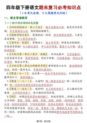 【期末复习必考知识点（十大高频考点归纳）】四下语文-大设天下