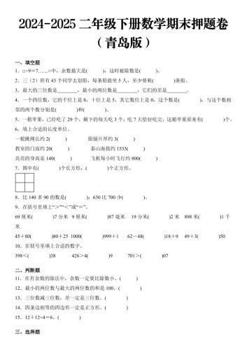 2025二年级下册数学期末押题卷青岛版-大设天下