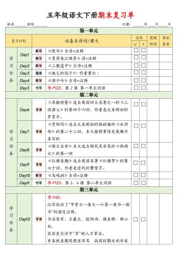 五下语文期末复习单-大设天下