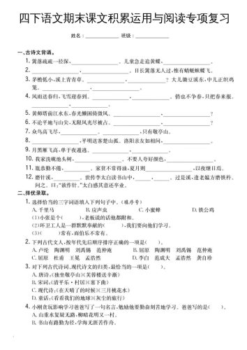 四下语文期末课文积累运用与阅读专项复习-大设天下