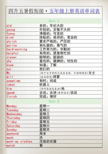 四升五暑假衔接五年级上册英语单词表-五上英语-大设天下