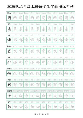 25秋新二上语文生字表生字拼音描红字帖（251字28页）-大设天下