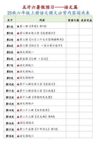25秋六上语文课文必背内容背诵闯关表7页-大设天下