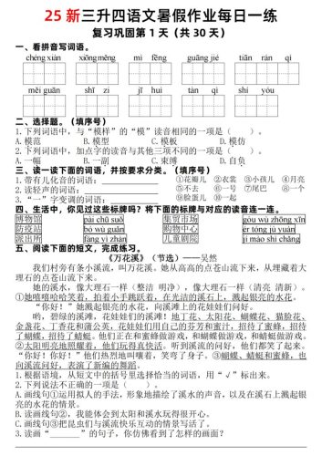 25新三升四语文暑假作业每日一练30天（复习+预习）含答案54页-四上语文-大设天下