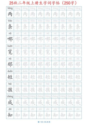 25秋二年级上册生字词字帖（100字）带拼音版-二上语文-大设天下