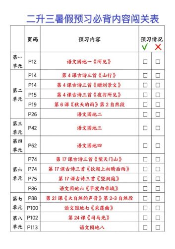 2025秋二升三暑假预习闯关表三上语文-大设天下