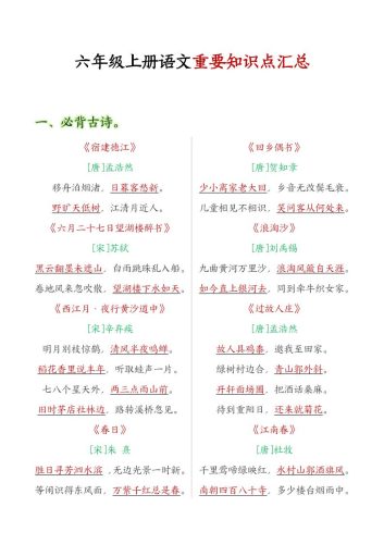 六年级语文上册全册重点知识点汇总-大设天下