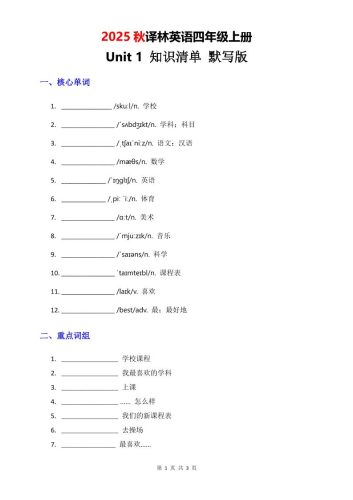 2025秋译林英语四上Unit1知识清单-默写版-大设天下