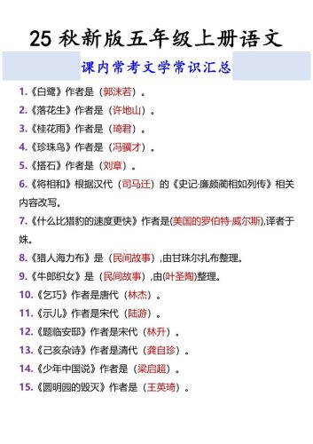 【2025秋新版】五年级上册语文课内常考文学常识汇总-大设天下