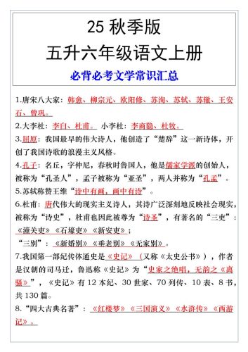 【2025秋新版】五升六年级语文上册必背必考文学常识汇总-大设天下