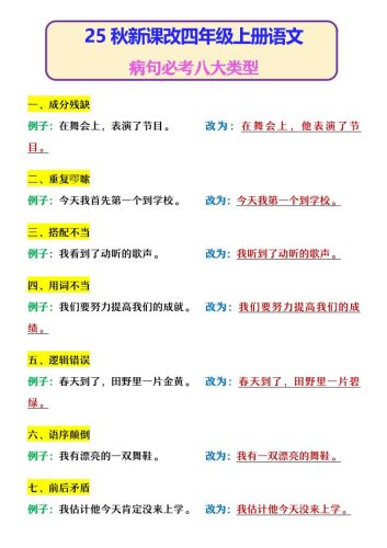 【2025秋新版】四年级上册语文病句必考八大类型-大设天下