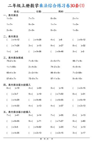 二上数学乘法综合练习卷30套（表内乘法口算、乘加乘减、最大填几、最小填几）30页-大设天下
