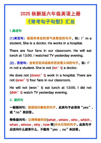 【2025秋新版】六年级英语上册《常考句子句型》汇总，学习巩固必备！-大设天下