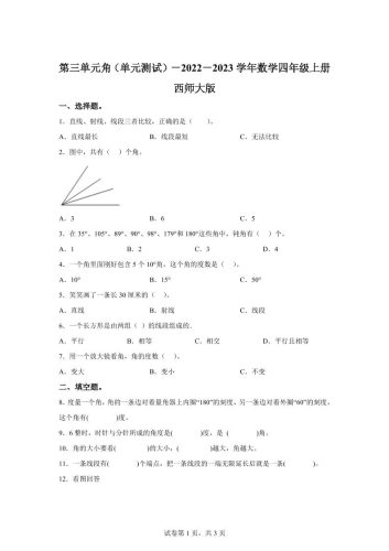 西师大版数学四年级上册第三单元《角》单元测试卷-大设天下