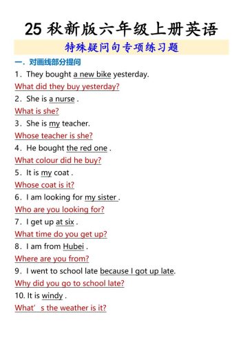 【2025秋新版】六年级上册英语特殊疑问句专项练习题-大设天下