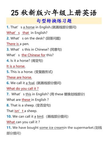 【2025秋新版】六年级上册英语句型转换练习题-大设天下