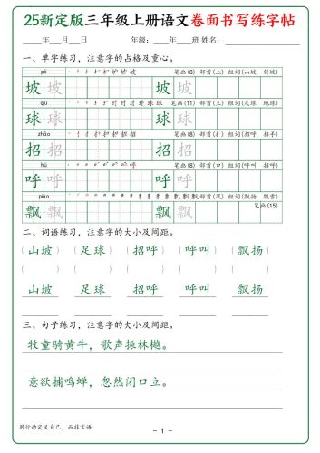 25新定版三上语文卷面书写练字帖50页-大设天下