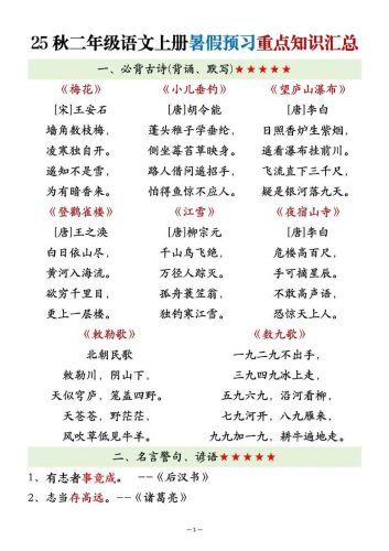 25秋二上语文暑假预习重点知识汇总20页-大设天下