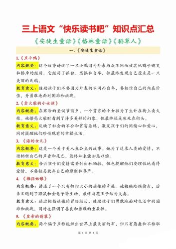 三上语文知识点汇总（安徒生童话、格林童话、稻草人）7页-大设天下