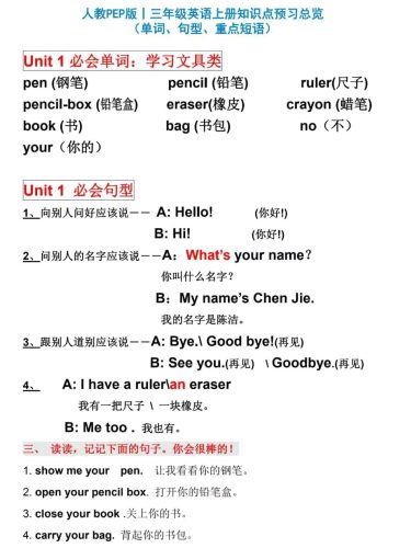 人教PEP版丨三年级英语上册知识点预习总览-大设天下