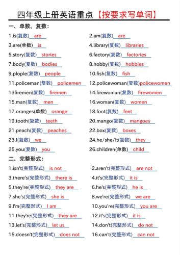 四年级上人教PEP版英语重点按要求写单词（答案）-大设天下