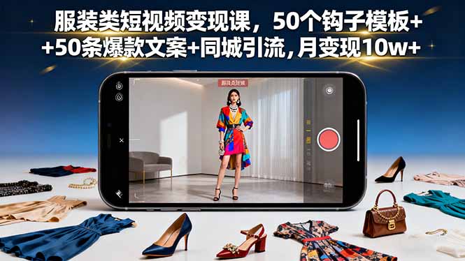 服装类短视频变现课，50个钩子模板+50条爆款文案+同城引流，月变现10w+-大设天下