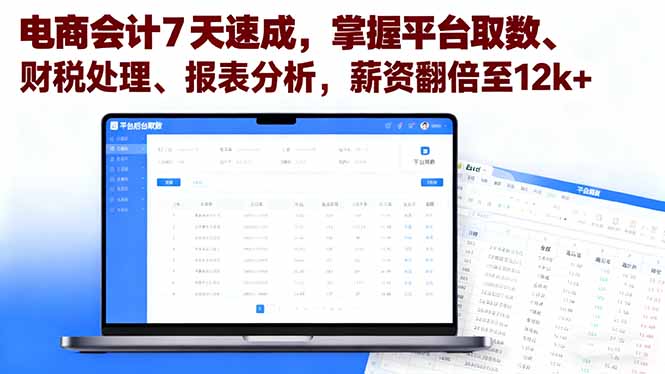 电商会计7天速成，掌握平台取数、财税处理、报表分析，薪资翻倍至12k+-大设天下