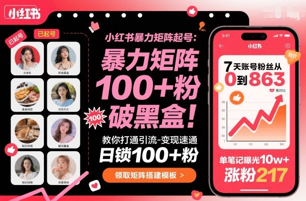 小红书暴力矩阵起号，教你打通引流-变现速通，日锁100+粉，破流量黑盒-大设天下