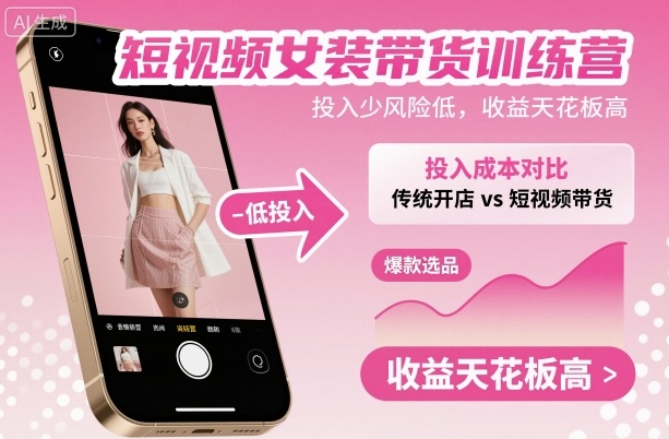 短视频女装带货训练营，投入少风险低，收益天花板高-大设天下
