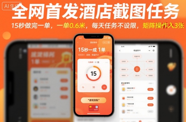 全网首发酒店截图任务，15秒做完一单，一单0.6米，每天任务不设限，矩阵操作日入3张【揭秘】-大设天下